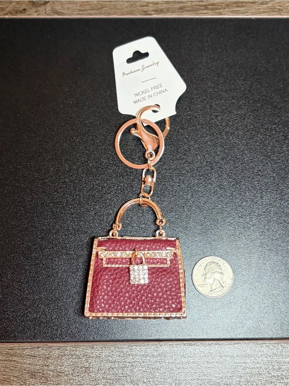 Burgundy Mini Handbag Keychain with Gold Crystal Accents